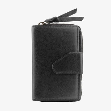 Black Renata bifold purse in washed Cancun leather finish