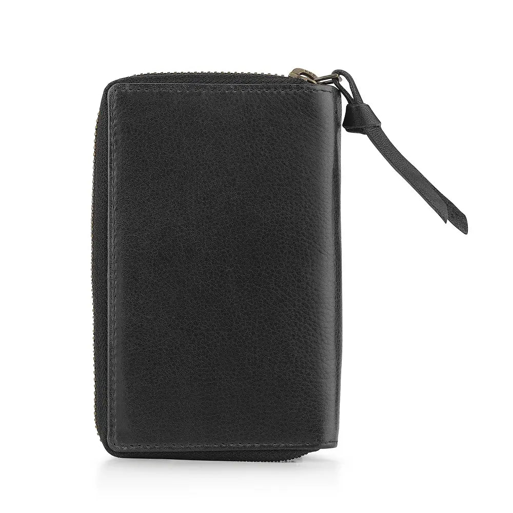 Back view of Black Renata leather bifold purse in washed Cancun finish