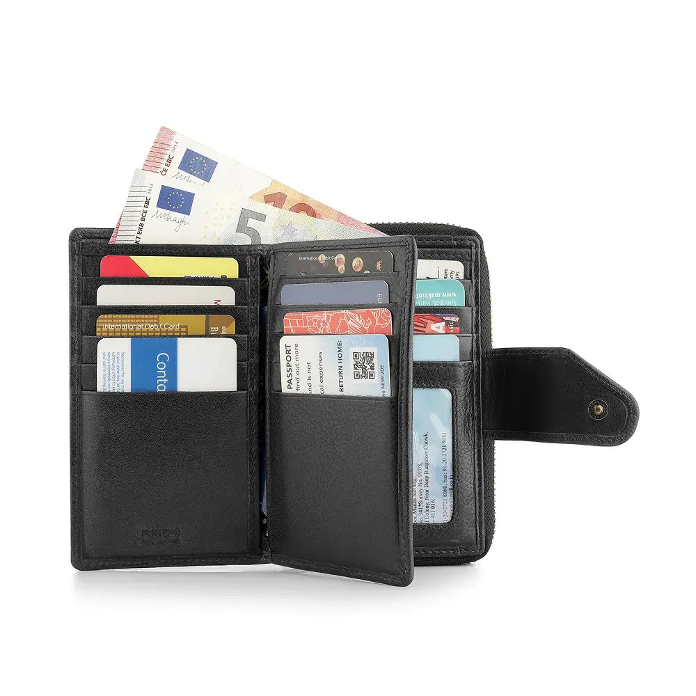 Interior of Black Renata bifold purse showing card slots and compartments with RFID protection