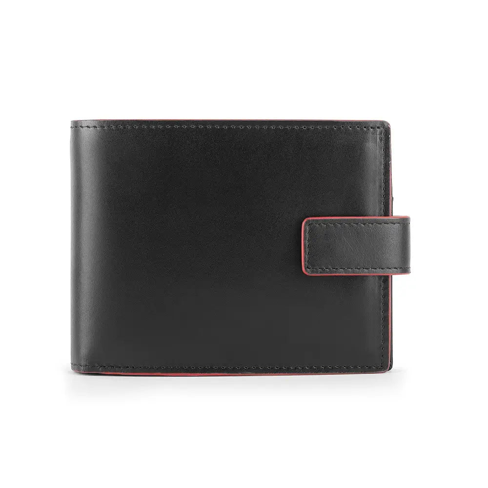 Front view of Black leather wallet with a red accent on a white background