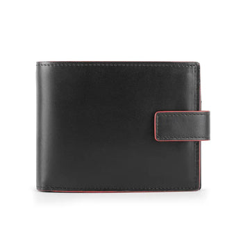 Front view of Black leather wallet with a red accent on a white background