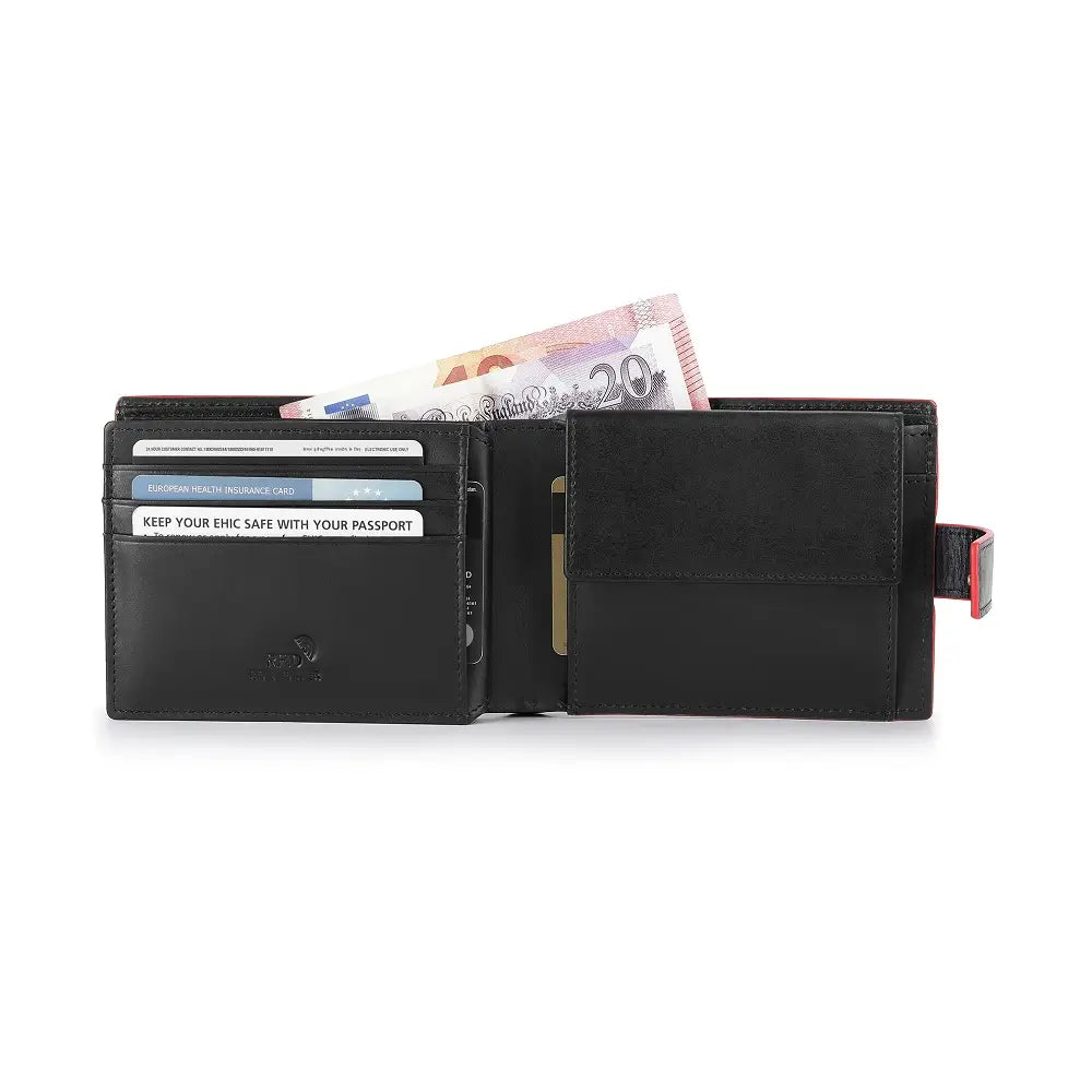 Front view of Black leather wallet with a red accent on a white background