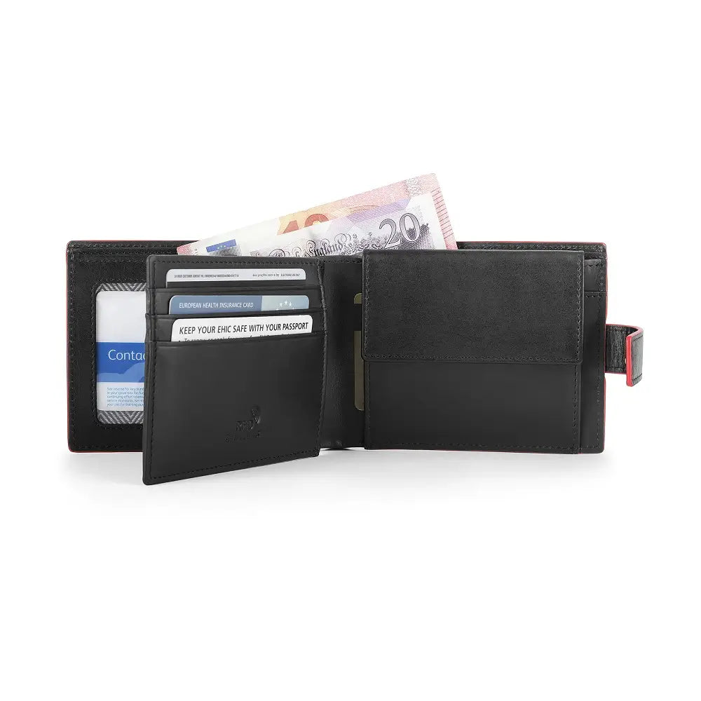 Open view of Black wallet with money and cards on a white background