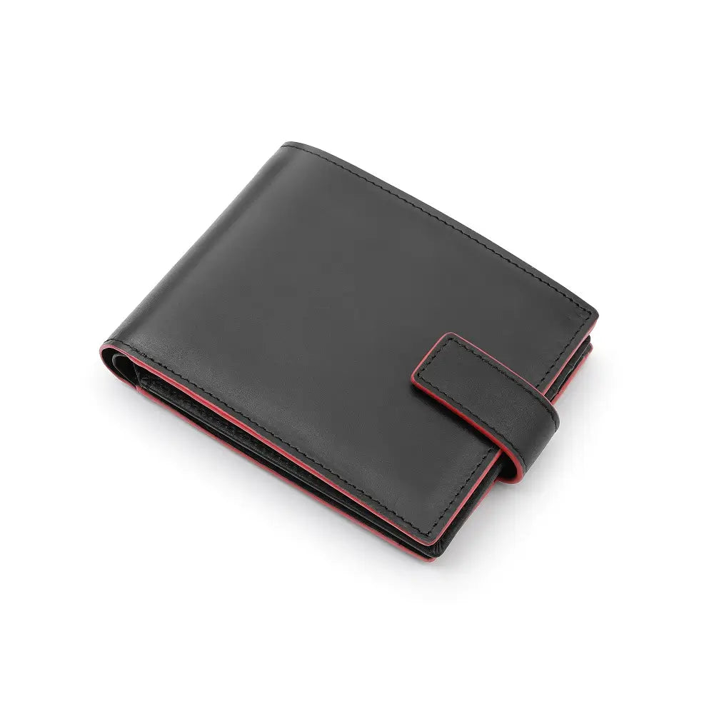 Top view of Black leather wallet with red stitching on a white background