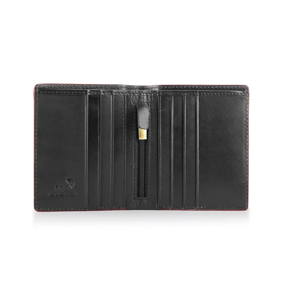 Open view of Black leather wallet with visible brand logo on a white background
