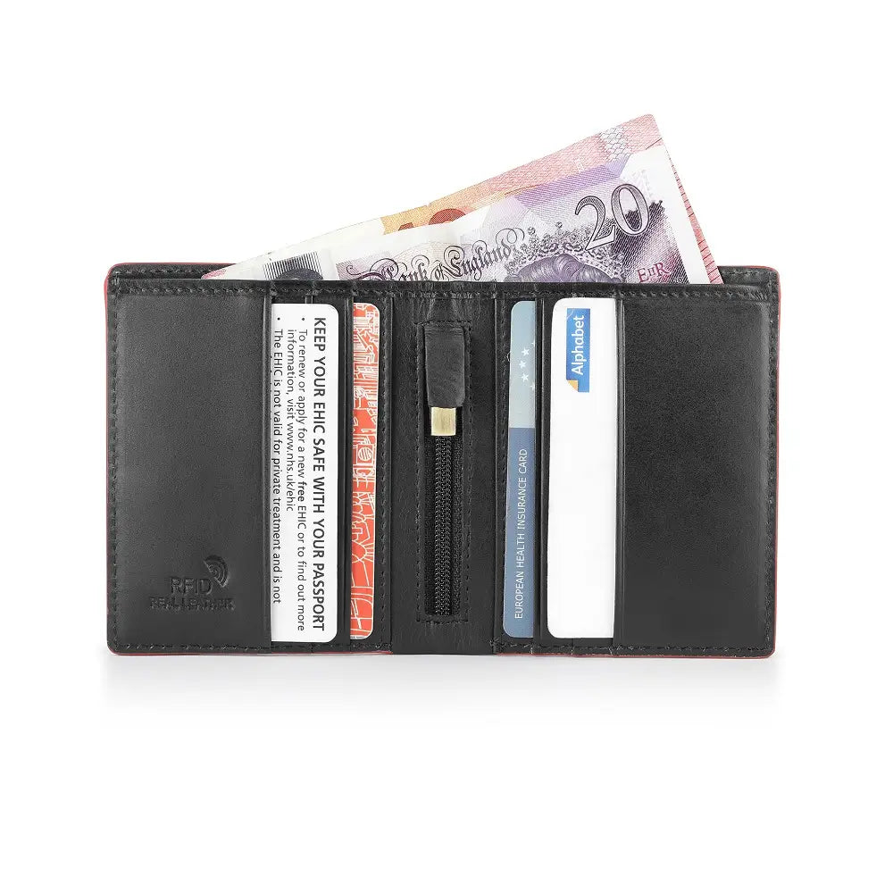 Inside view of Black wallet with cards and money on a white background