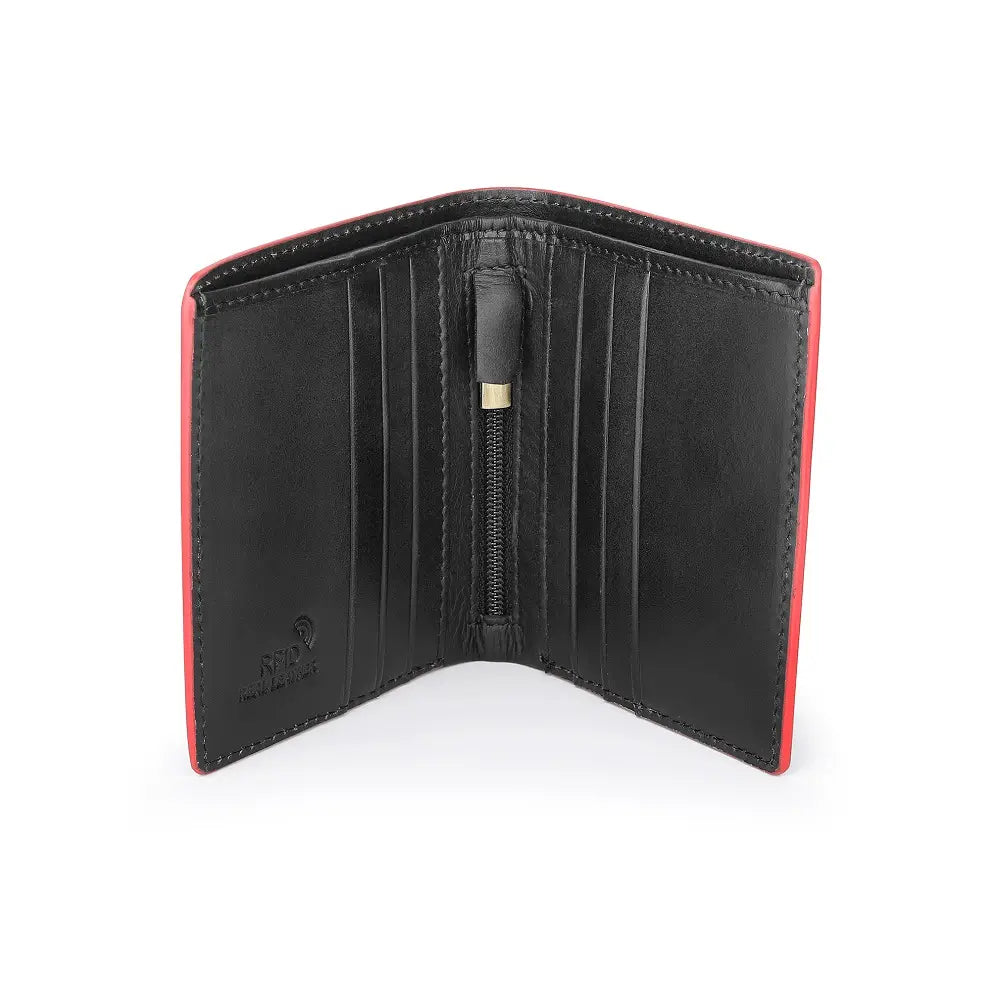 Black leather wallet with red trim on a white background