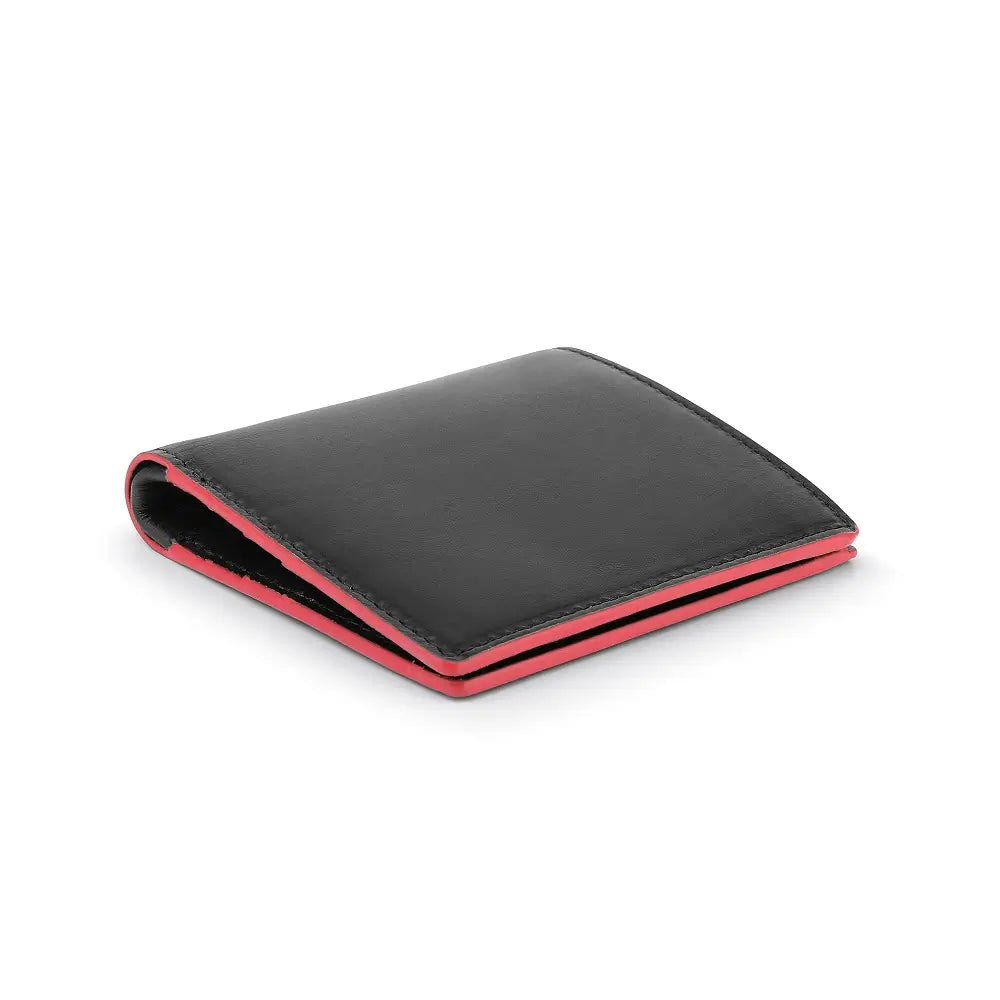 Top view of Black wallet with red interior on a white background