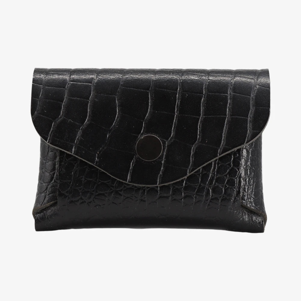 Black croc print leather coin purse with fold-over flap and snap button closure