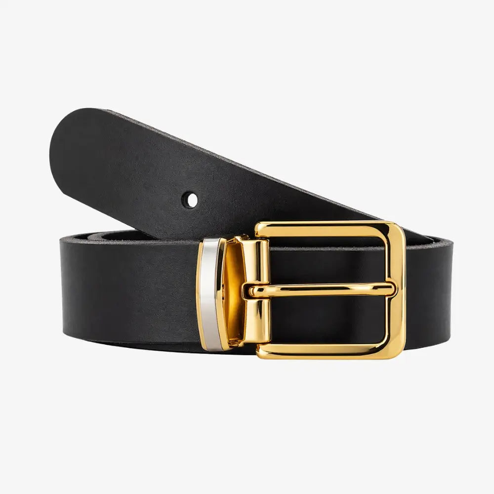 Front view of Black belt with a gold and silver buckle on a white background