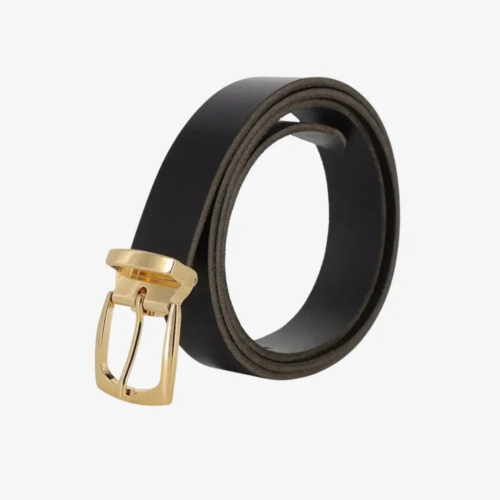 Black leather belt with a gold buckle on a white background