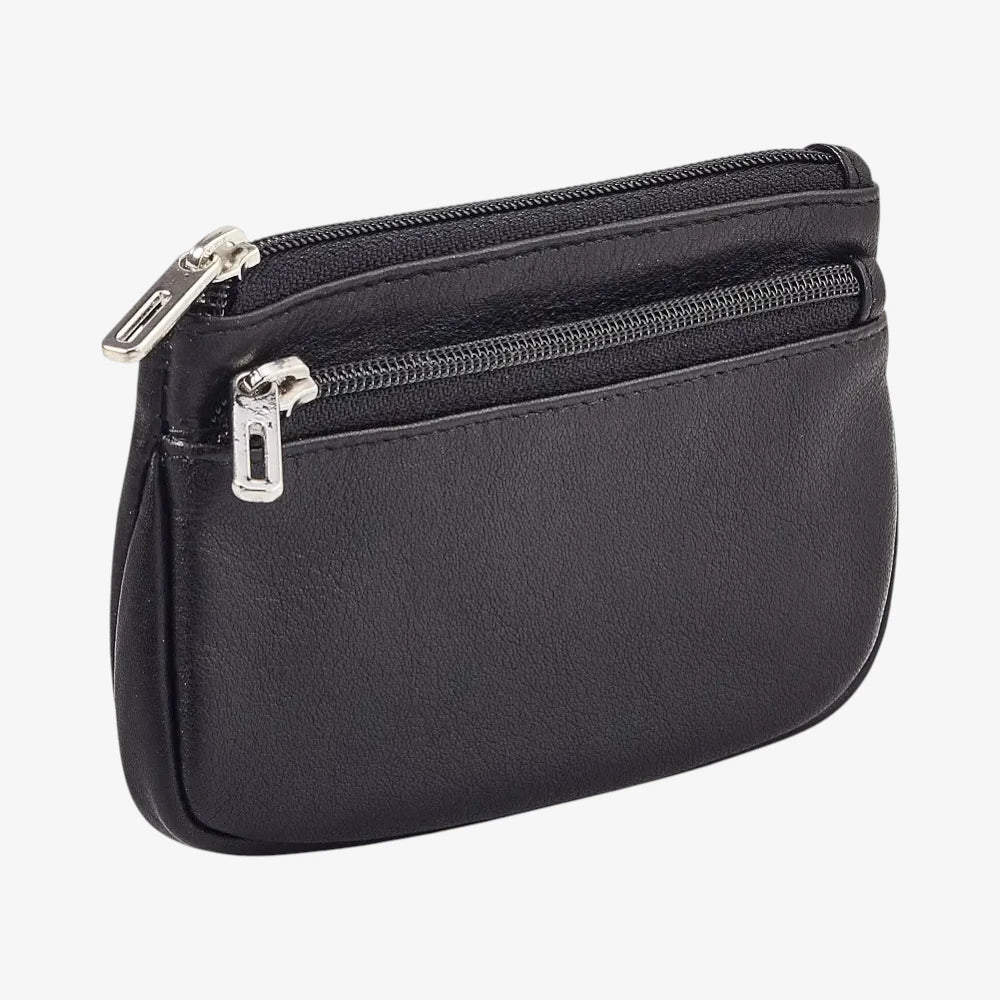Black Leather Double Zip Coin Purse Front View