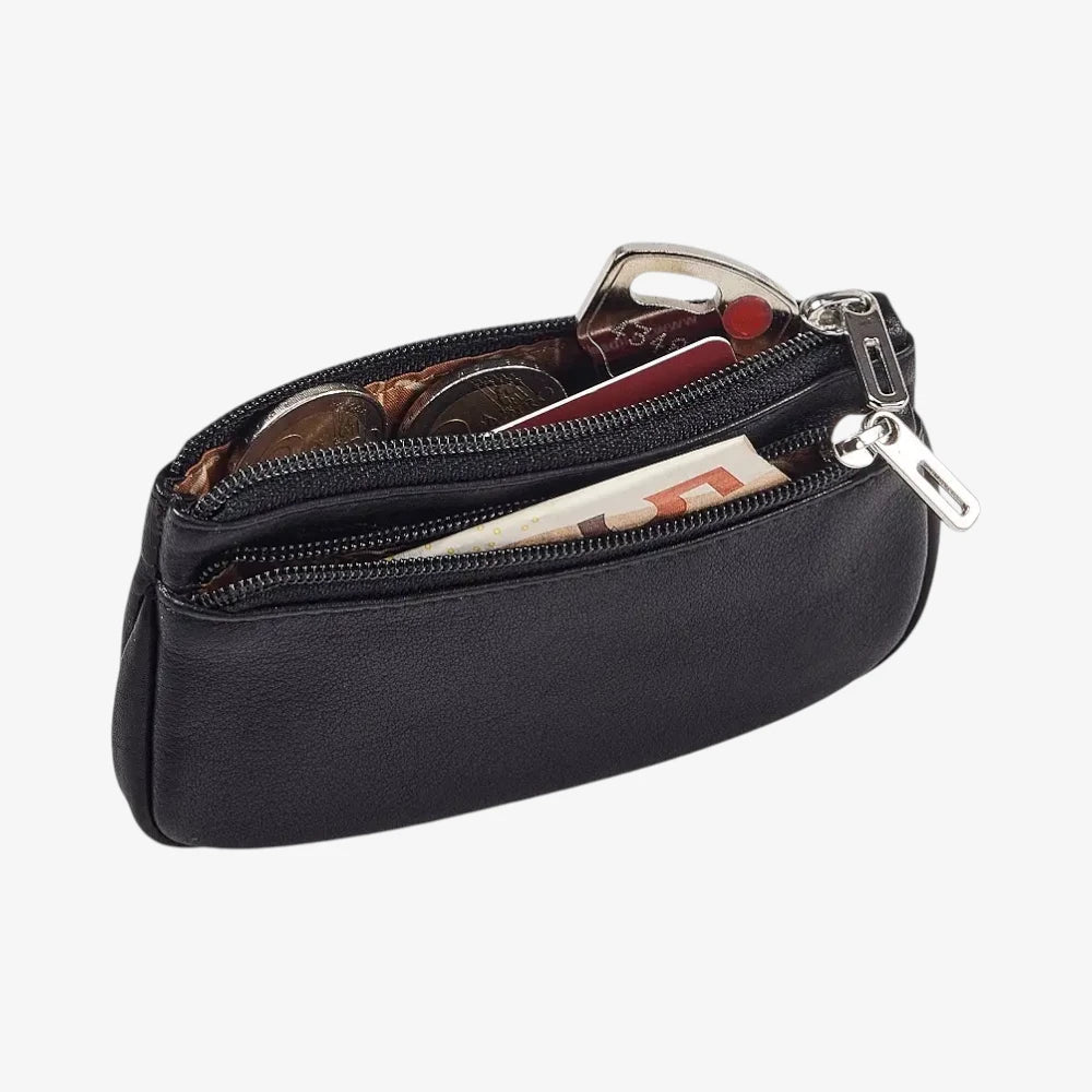 Black Leather Double Zip Coin Purse Open View