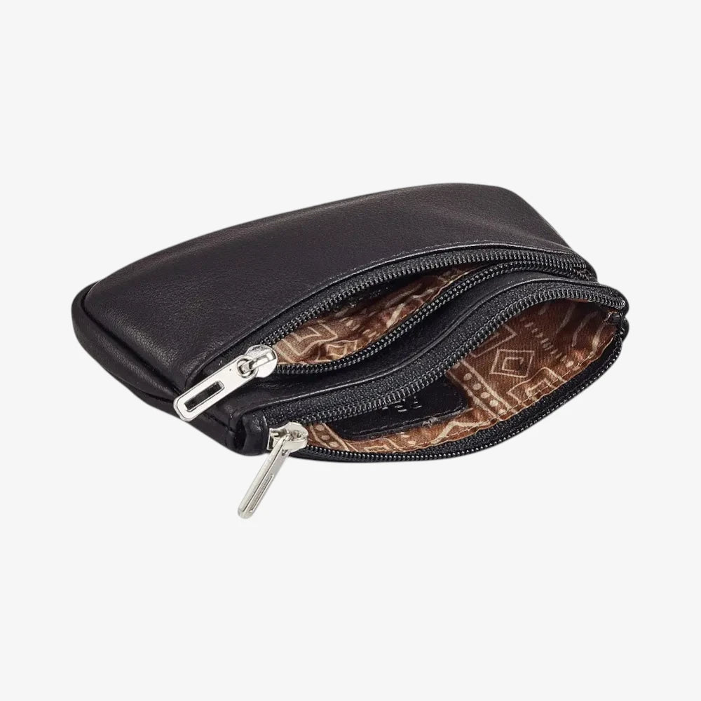 Black Leather Double Zip Coin Purse Open View