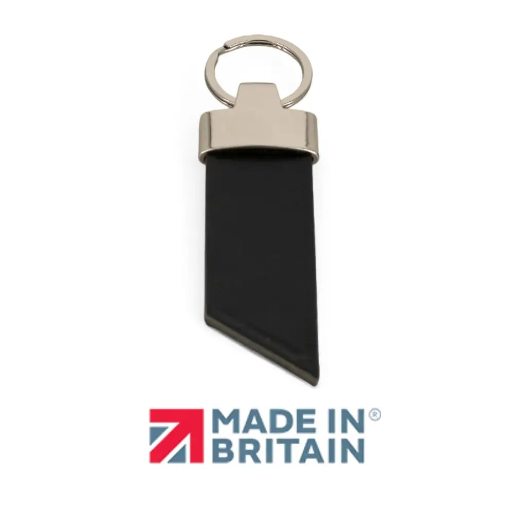 Black leather keychain with silver ring on a white background, featuring 'Made in Britain' logo.