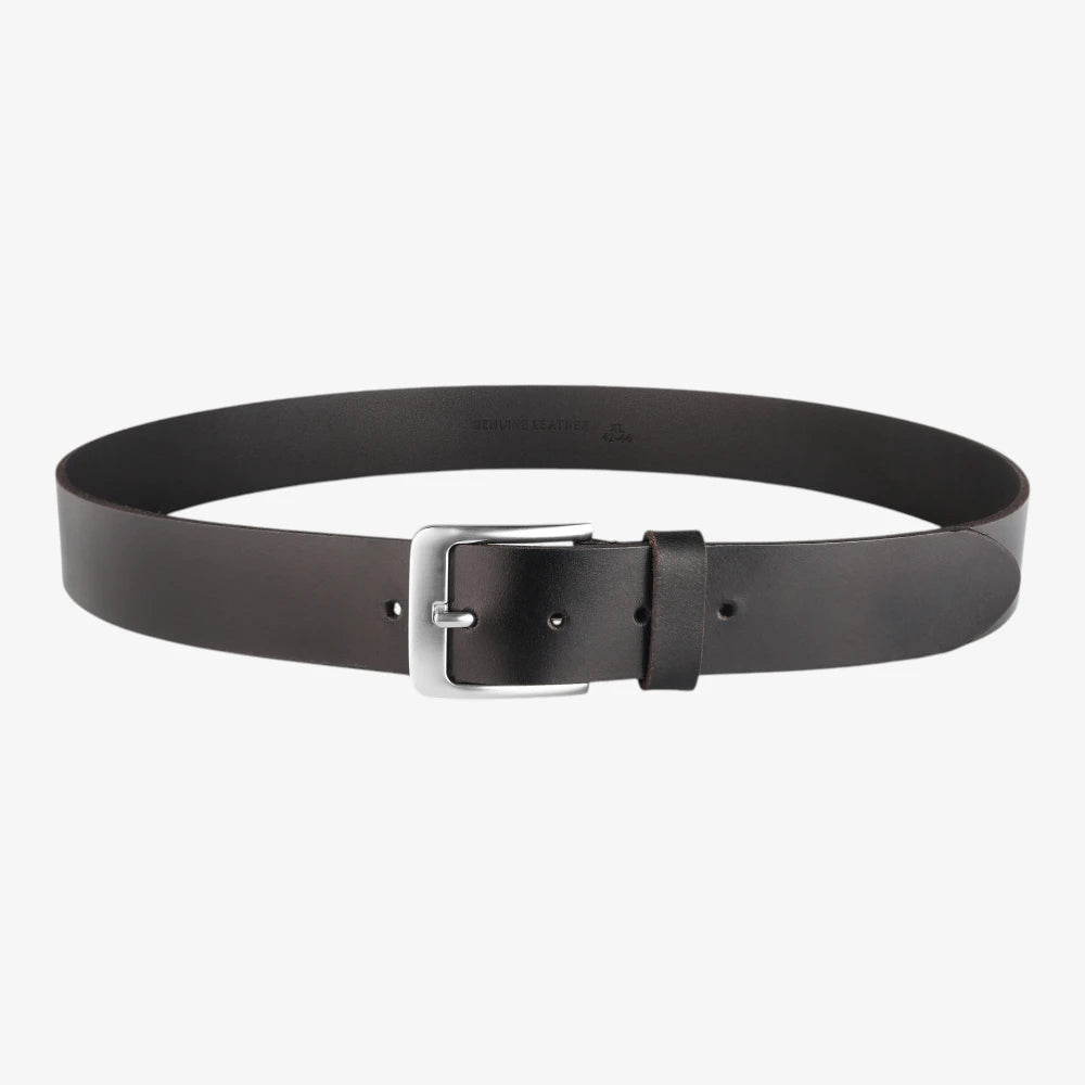 Full width view of Black leather belt on a white background