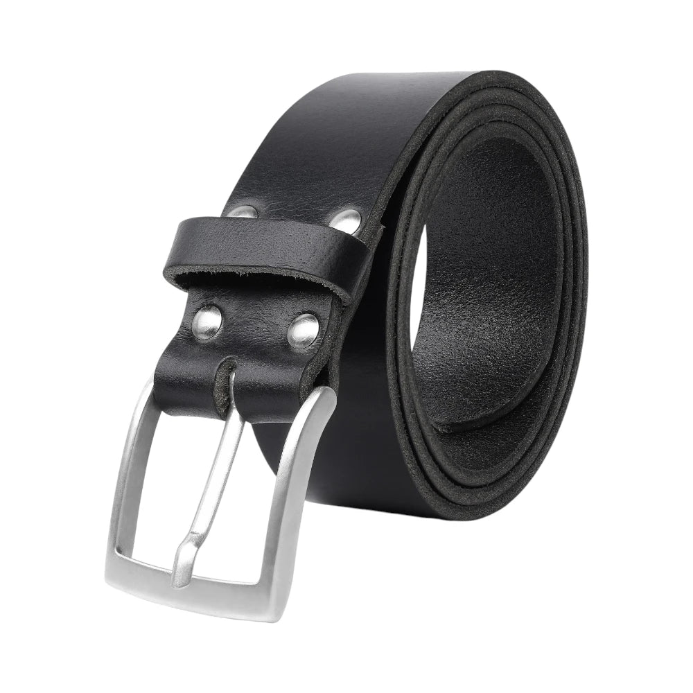 Black leather belt with silver buckle on a white background