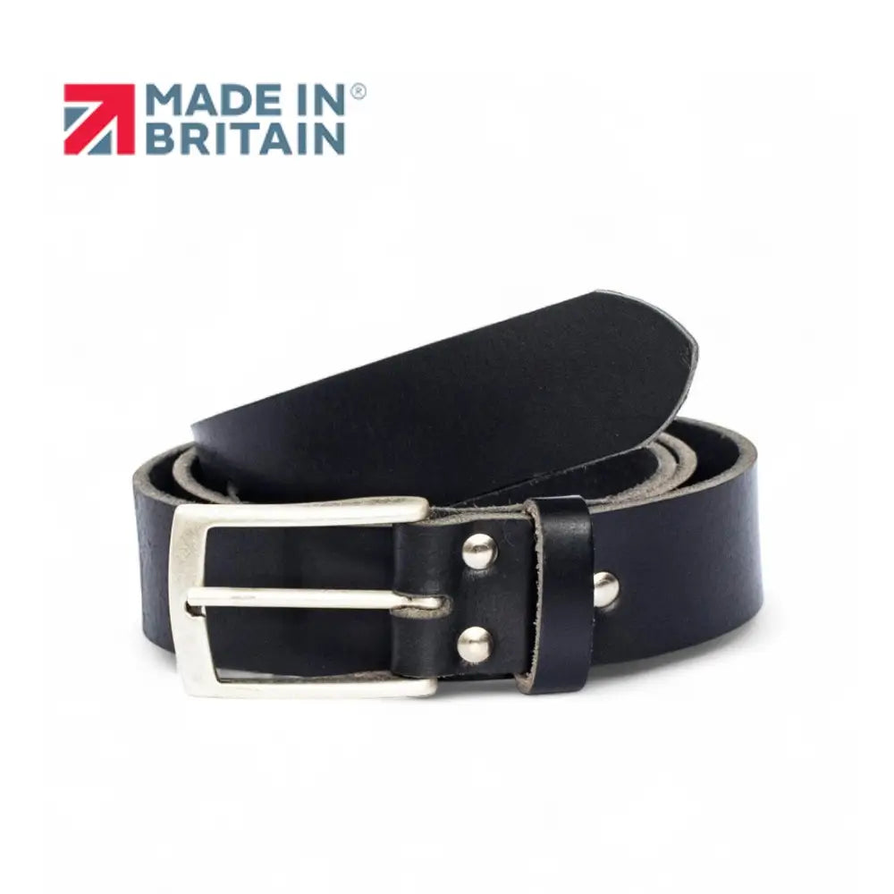 Black leather belt with silver buckle on a white background, featuring 'Made in Britain' logo.
