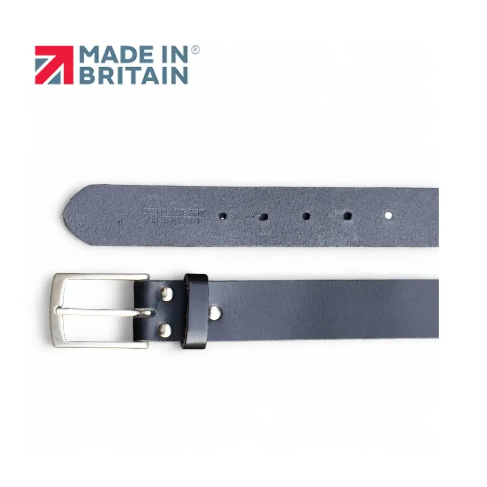 Black leather belt with silver buckle on a white background, featuring 'Made in Britain' logo.