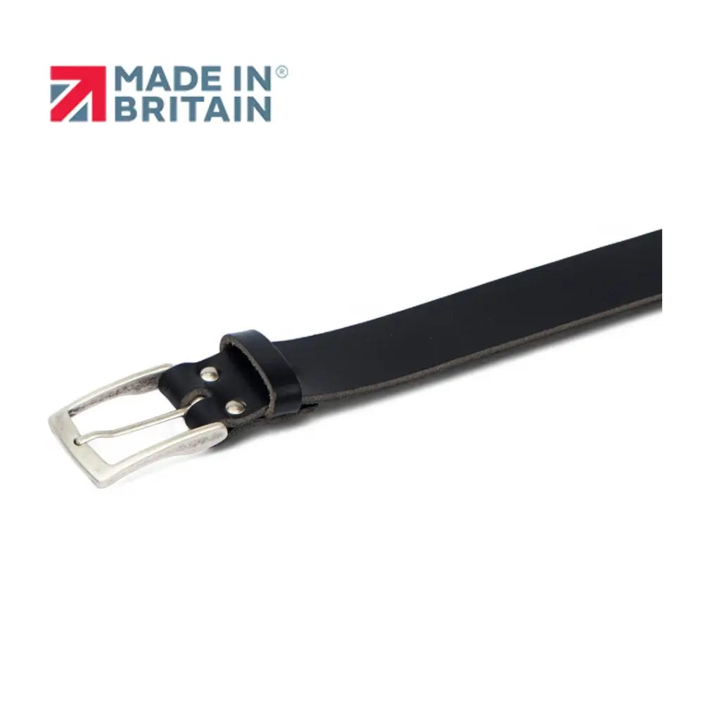 Black leather belt with silver buckle on a white background, featuring 'Made in Britain' logo.