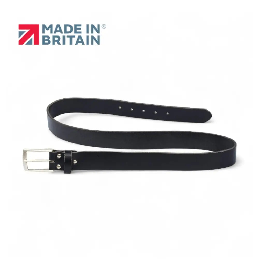 Black belt with silver buckle on a white background, featuring 'Made in Britain' logo.