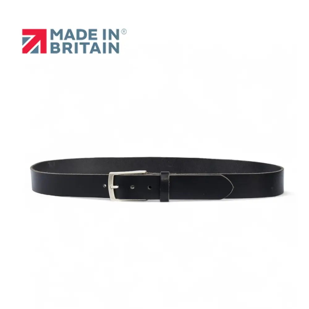 Black leather belt with a silver buckle on a white background, featuring the 'Made in Britain' logo.