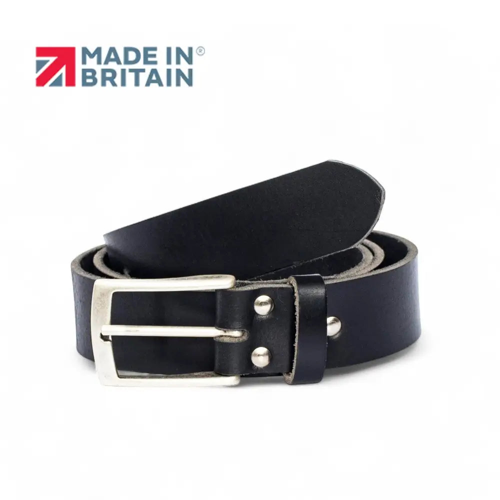 Black leather belt with silver buckle on a white background, featuring 'Made in Britain' logo.