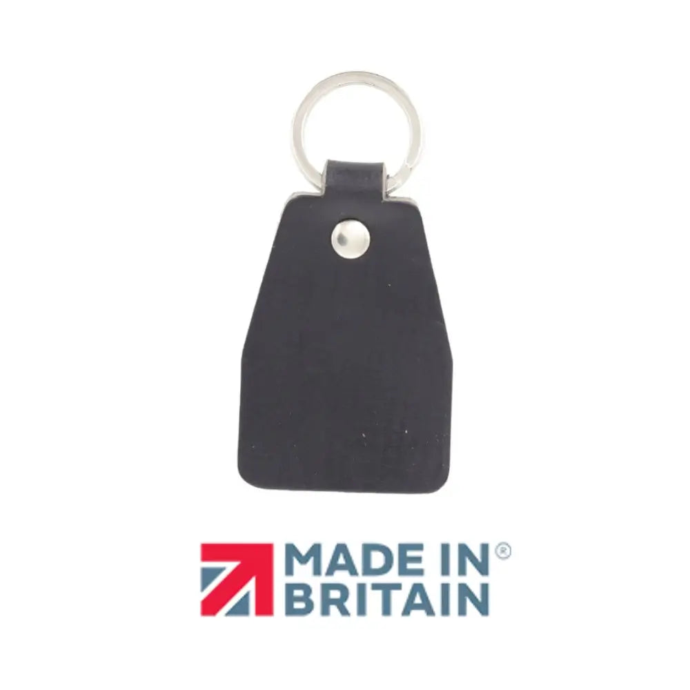 Black leather keychain with a metal ring on a white background, featuring 'Made in Britain' logo.