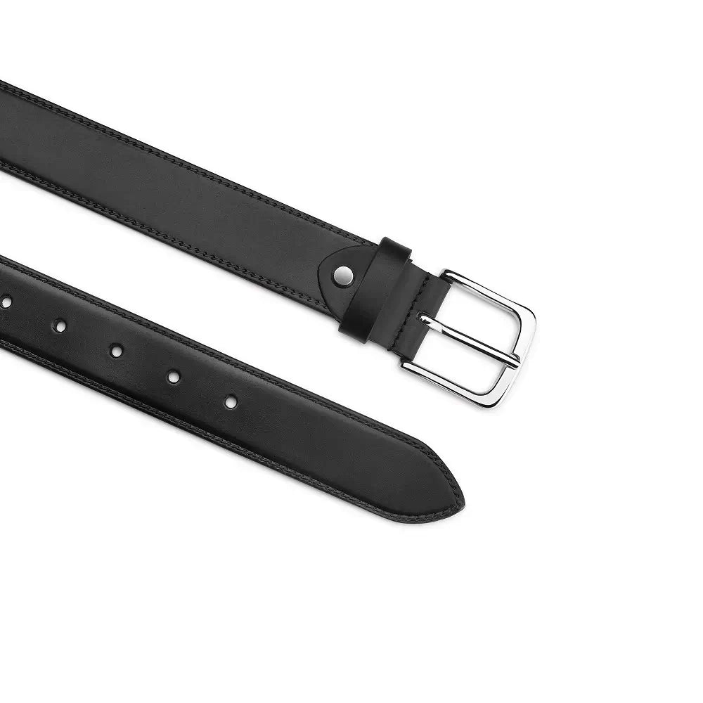 Black leather belt with silver buckle on a white background