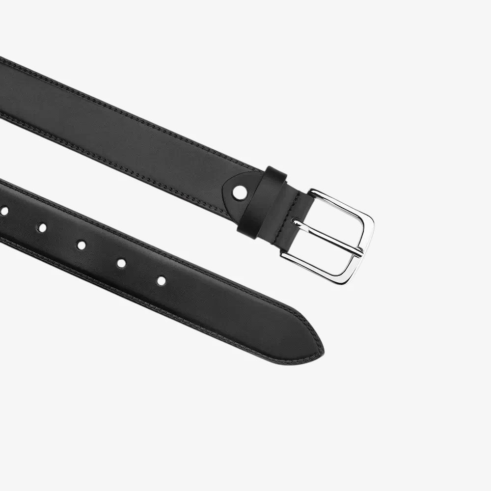 Top angle view of Black leather belt with silver buckle on a white background