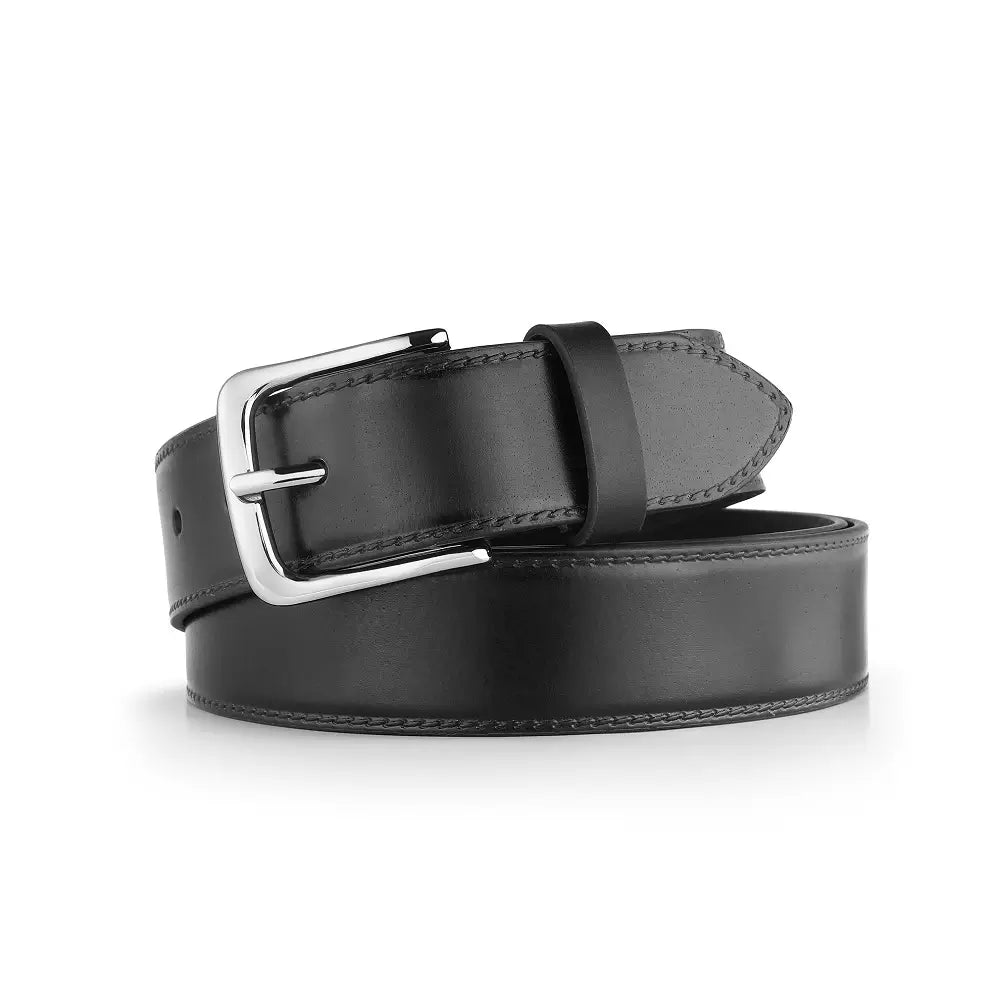 Black leather belt with silver buckle on a white background