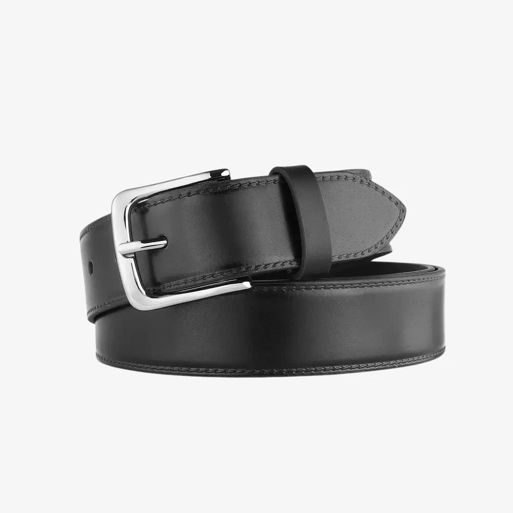 Front view of Black leather belt with silver buckle on a light gray background 