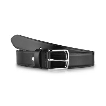 Black leather belt with silver buckle on a white background