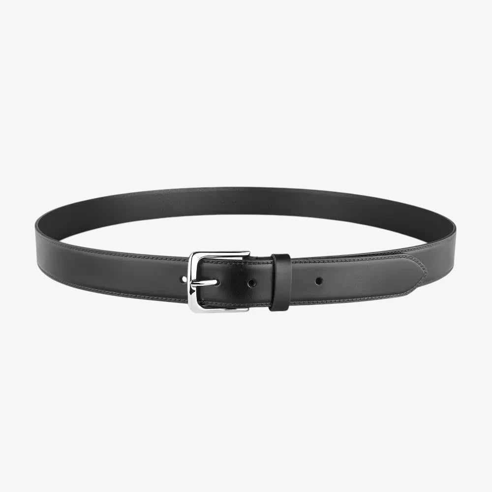 Full length view of Black belt with a silver buckle on a white background