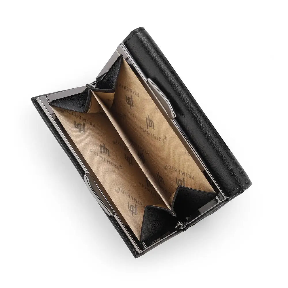 Black leather wallet with brand logo on a white background