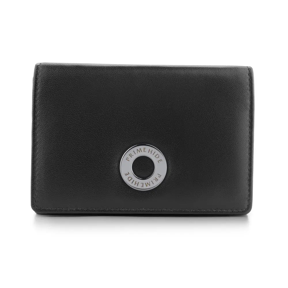 Black leather wallet with a brand logo on a white background