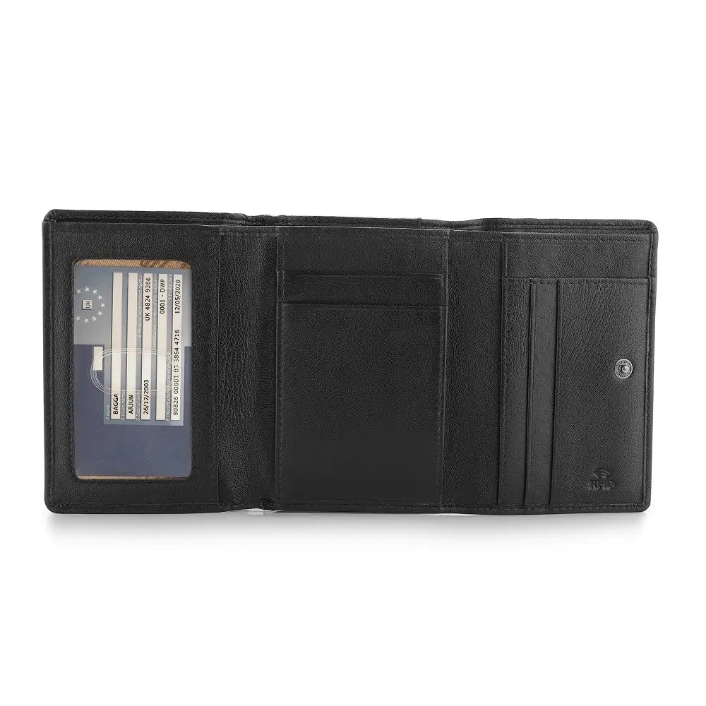 Black leather wallet open on a white background