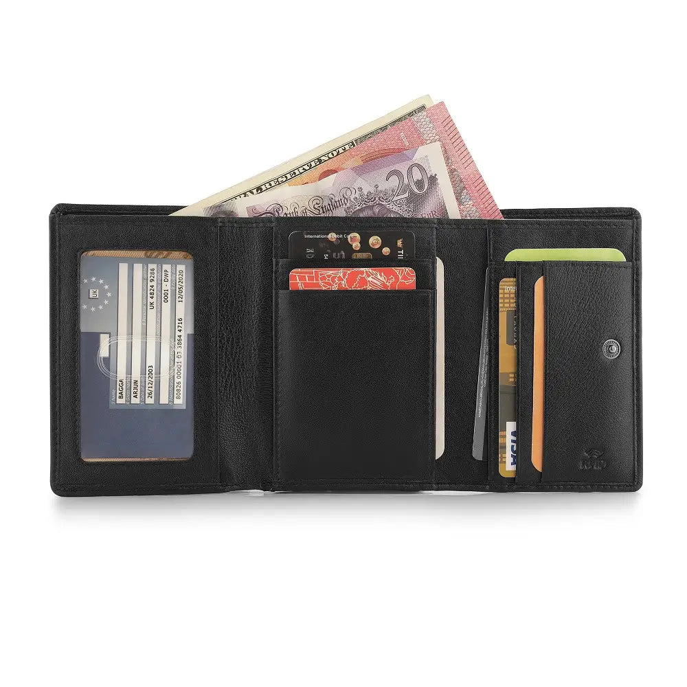 Black wallet with various cards and money on a white background