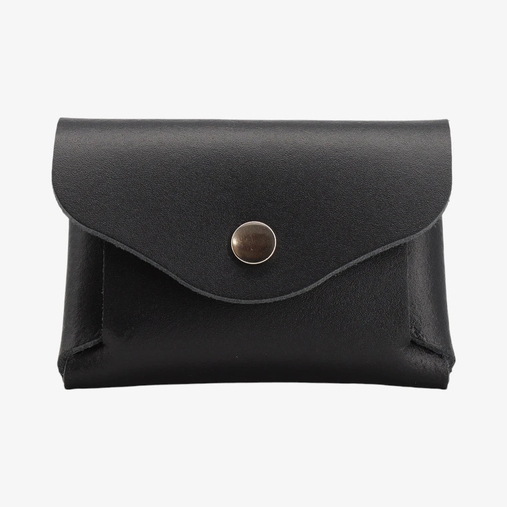 Black  leather coin purse with fold-over flap and snap button closure