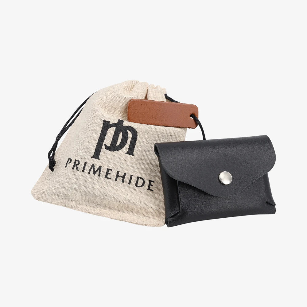 Black  leather coin purse open view with PRIMEHIDE branded drawstring pouch