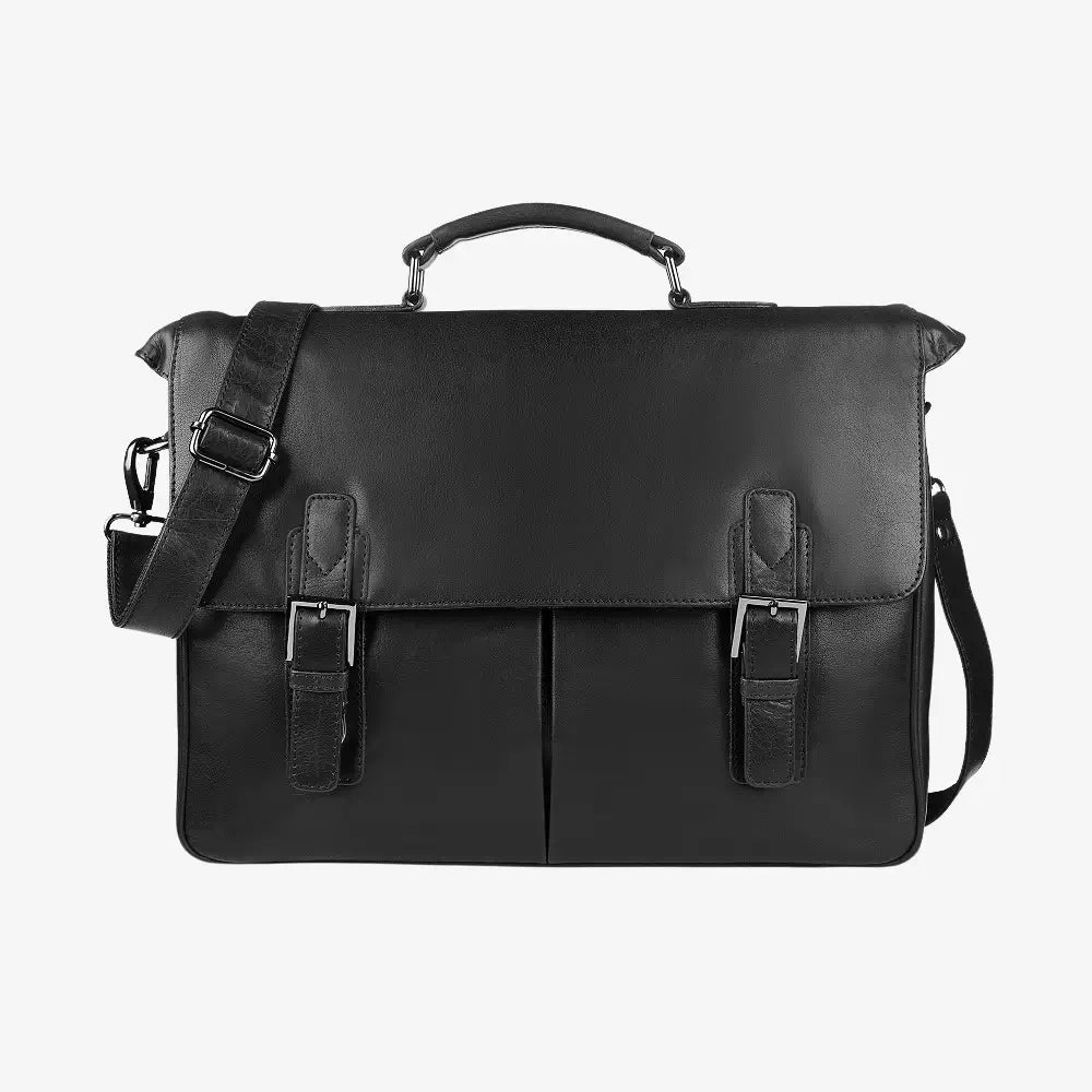 Black leather laptop bag with shoulder strap on a white background