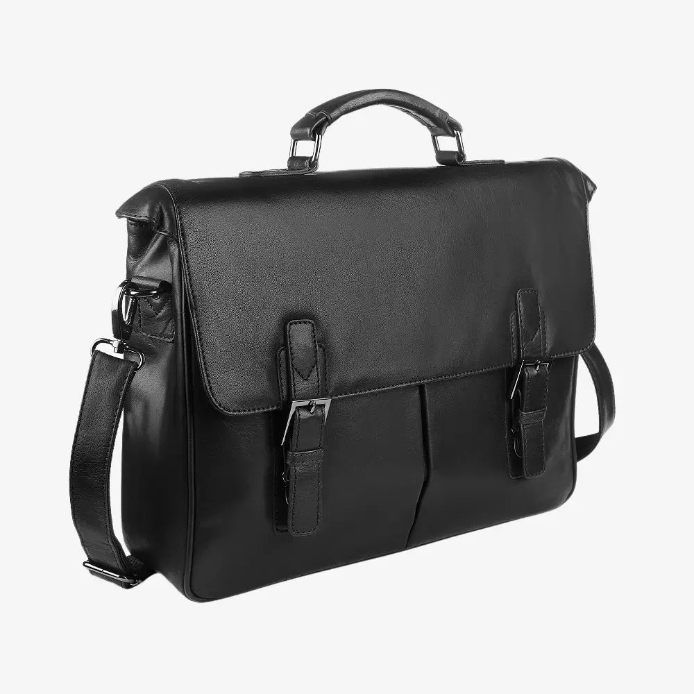 Side view of Black leather laptop bag on a white background