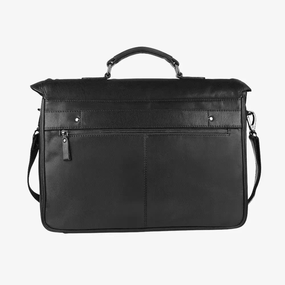 Back view of Black leather laptop bag on a white background
