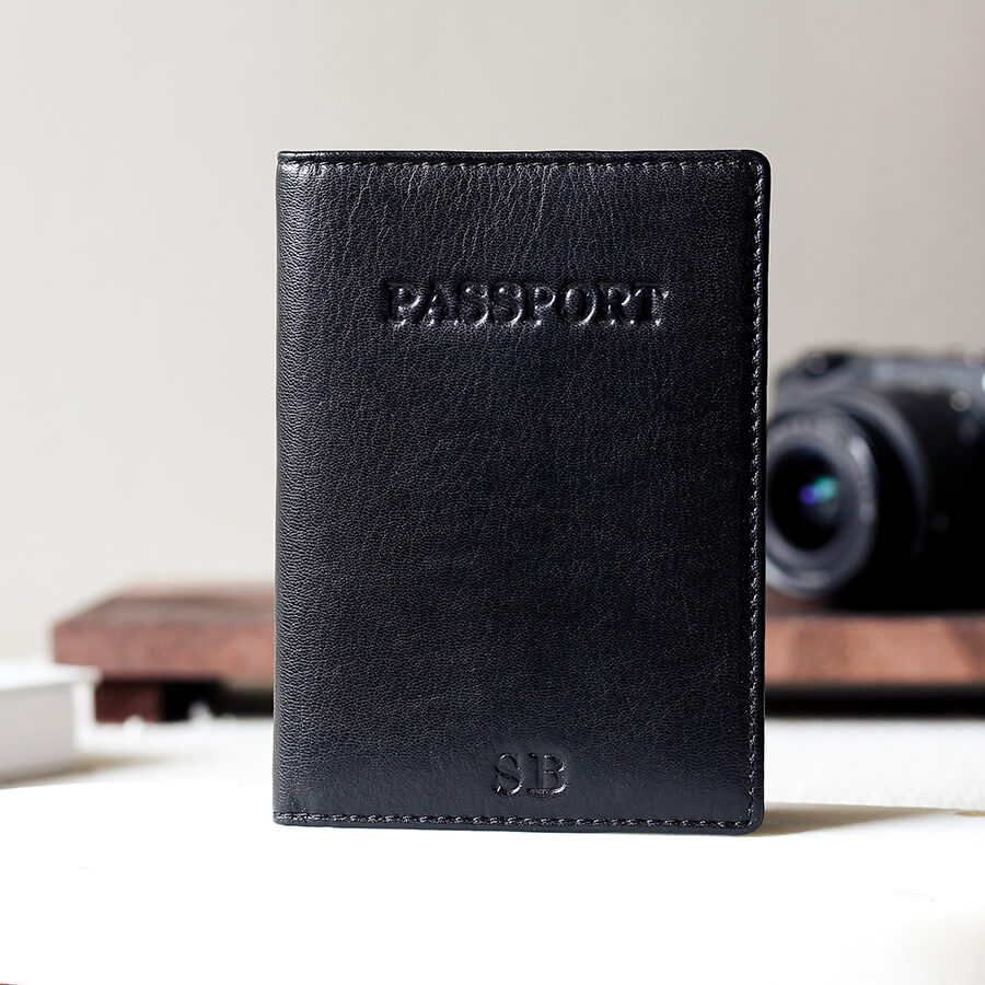 Black leather passport holder with personalised initials 