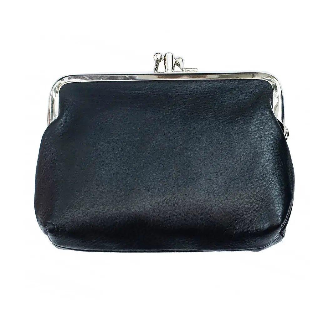 Black leather clutch bag with a silver clasp on a white background