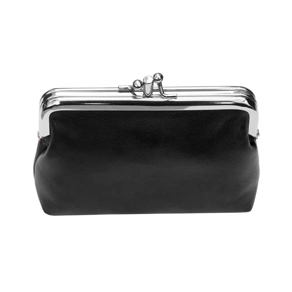 Black clutch purse with a silver clasp on a white background