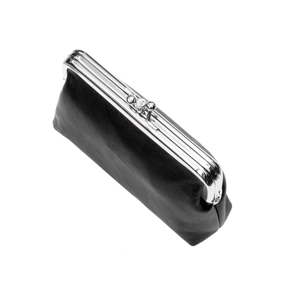 Black clutch purse with silver frame on a white background