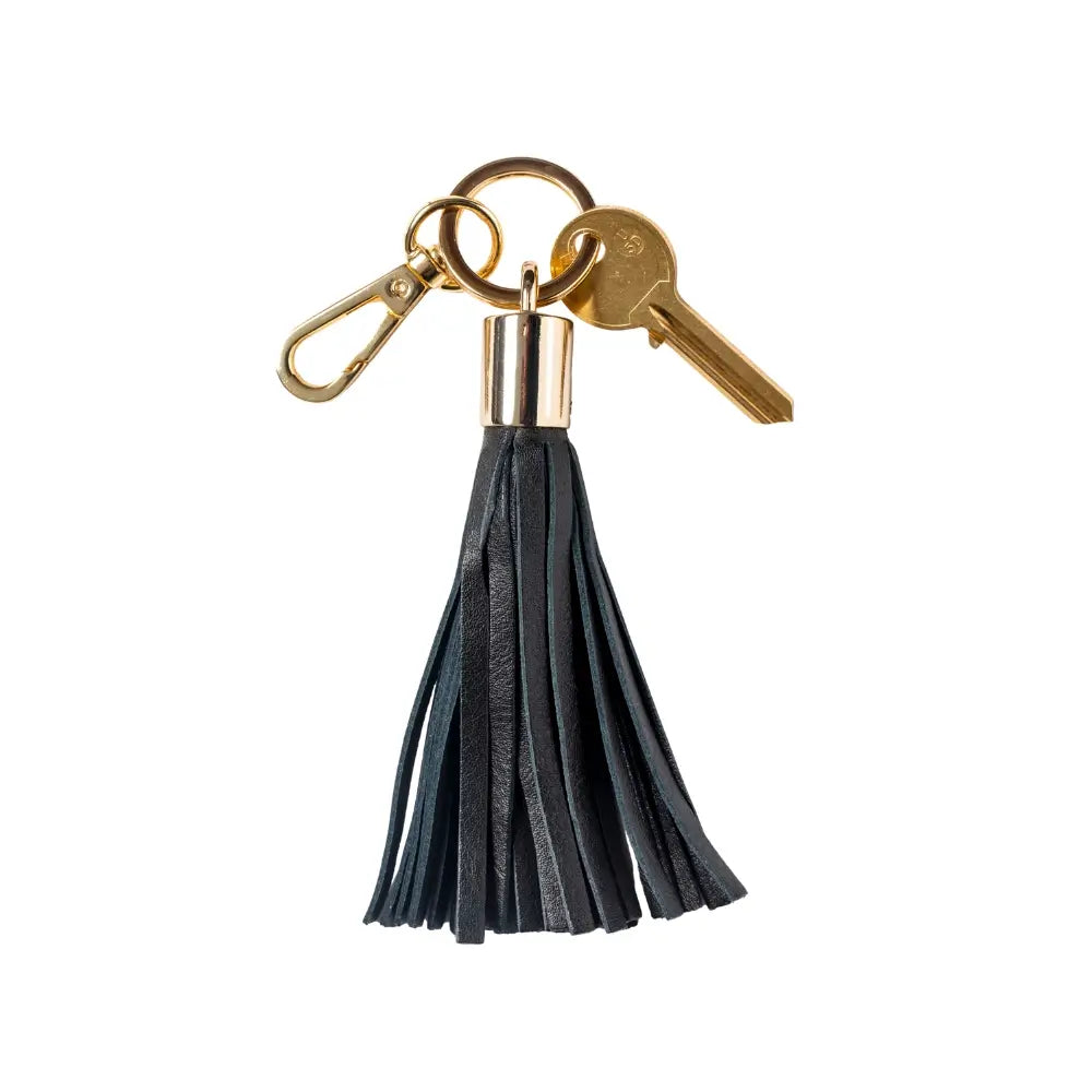 Black leather keychain with gold key on a white background
