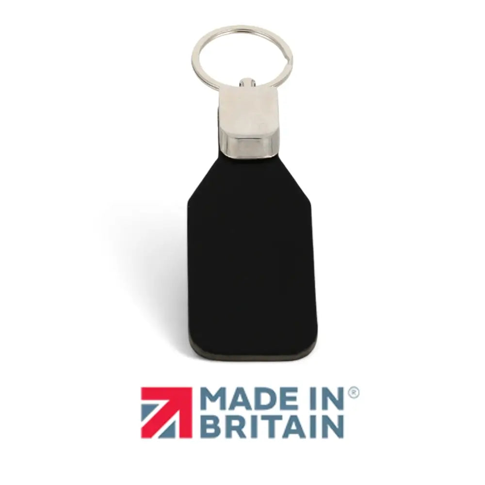 Black keychain with silver ring on a white background, featuring 'Made in Britain' logo.