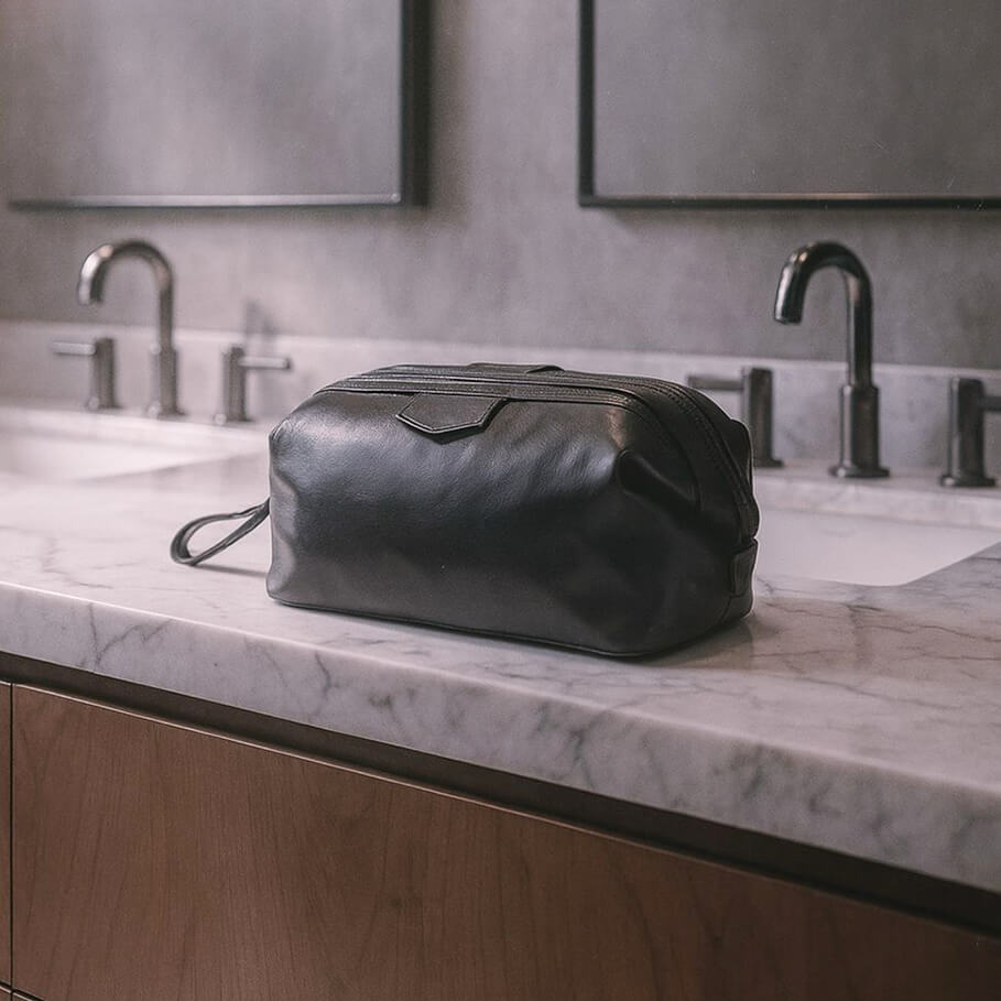 Black toiletry bag on a marble bathroom counter with a sink and mirror in the background.